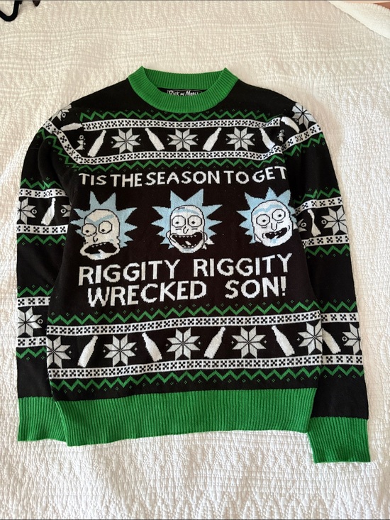 Adult Swim Other - Cartoon Network Rick and Morty Black, Green & White Holiday Crewneck Sweater